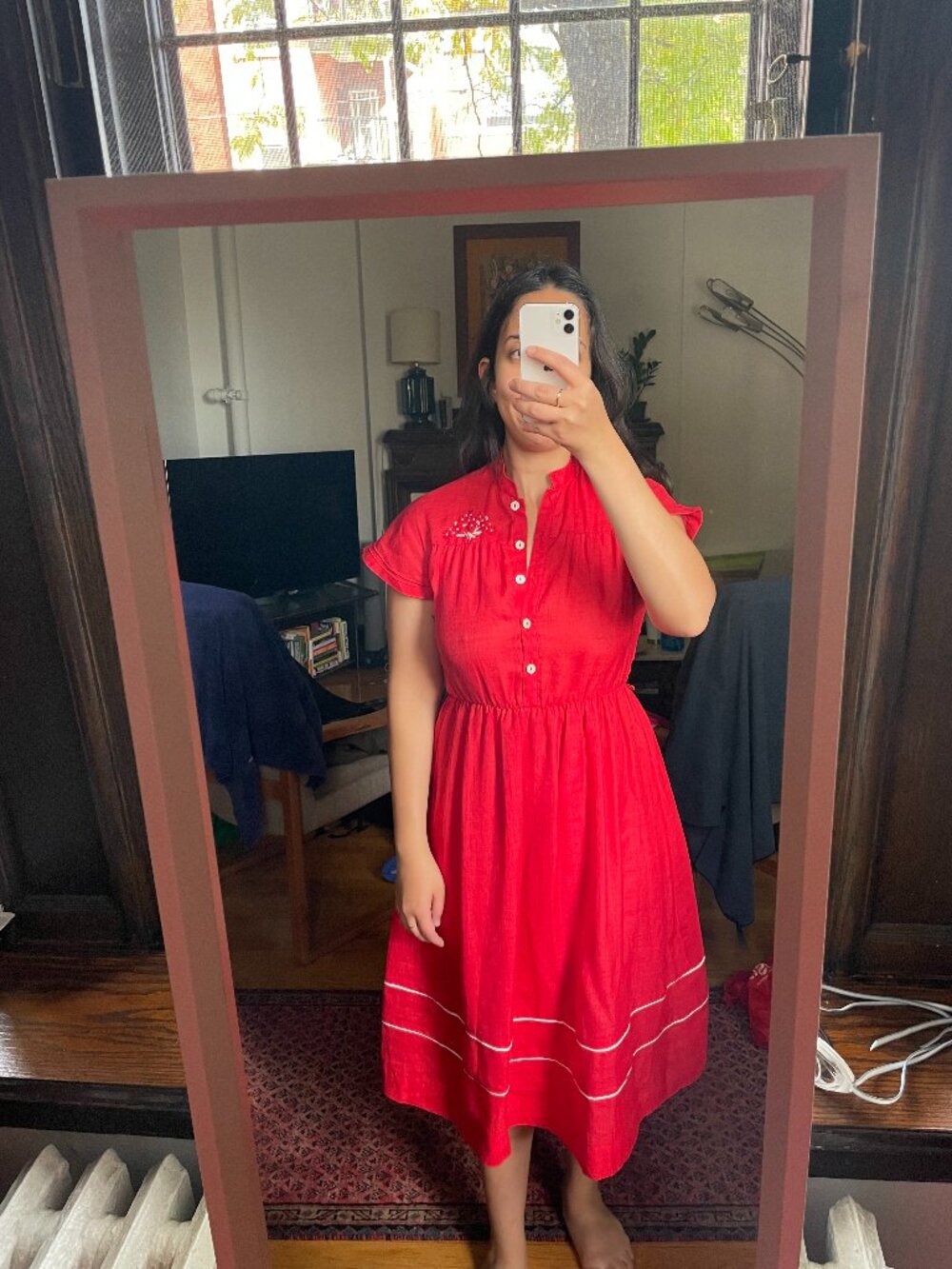 Vintage Italian Red Linen Blend Dress with Embroidered Detail